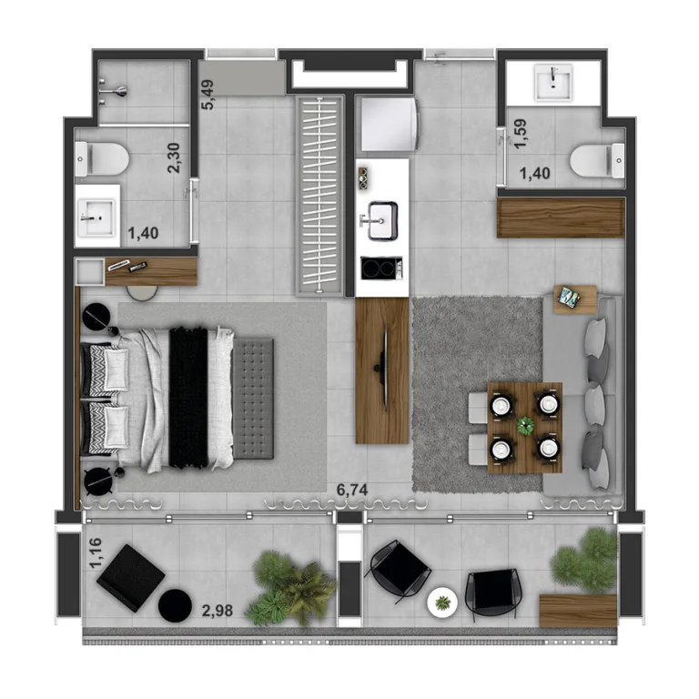 Unidade studio de 50m²