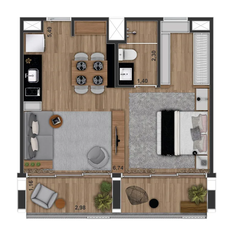 Unidade studio de 50m²