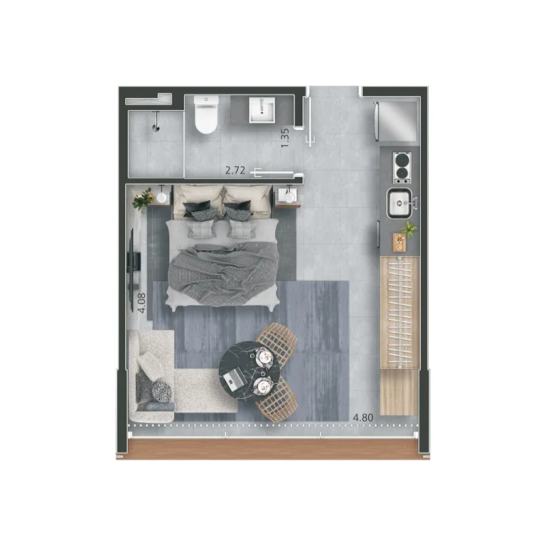 Planta da Unidade de 30 m² - Sem terraço *referente ao 5°, 7°, 9° e 12° pavimento